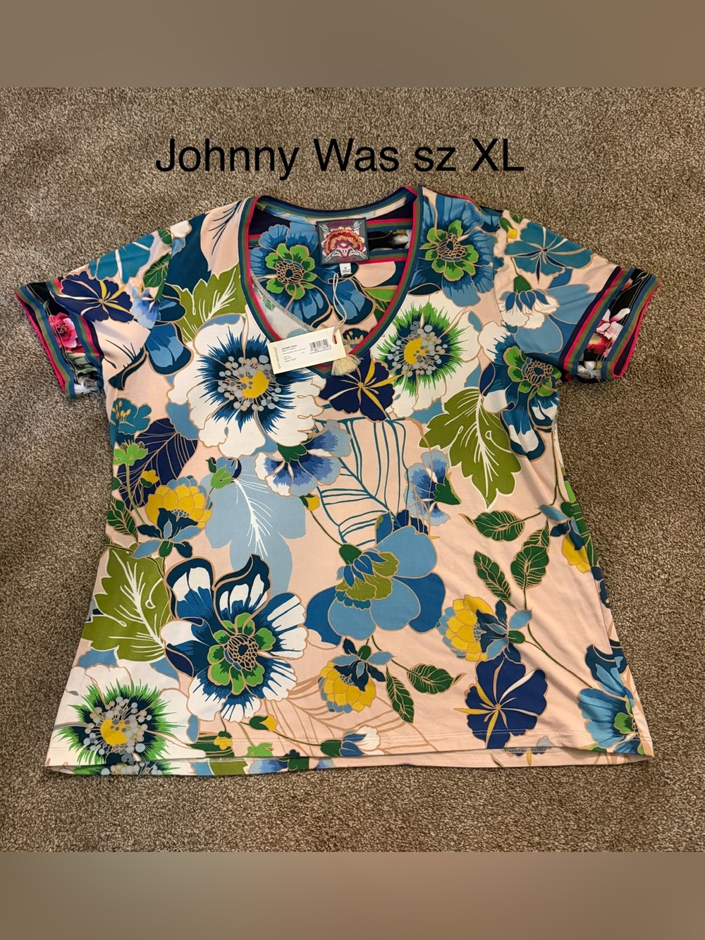 Johnny Was Short-Sleeve Floral V-Neck Top in Multi Blue and Green Sz XL